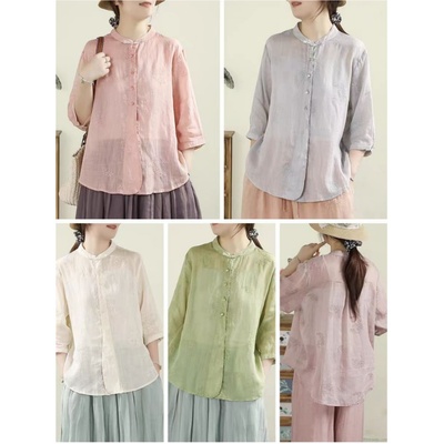 小莲~22715新中式不规则门襟祥云刺绣苎麻小衫国风显瘦禅意茶服女