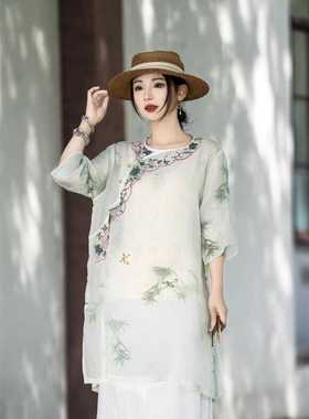 19603新中式斜襟重工刺绣苎麻连衣裙复古民族风小个子百搭绣花裙