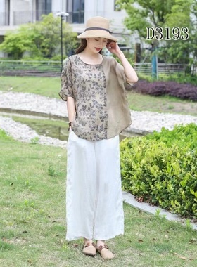 13423设计感不对称印花精细苎麻T恤衬衣内包边蝙蝠袖压褶刺绣上衣