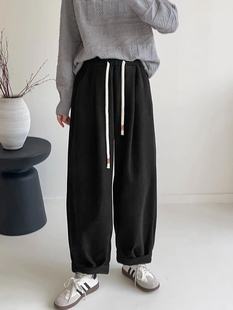 17514纱卡全棉松紧高腰抽绳百搭阔腿休闲裤 女 加绒加厚宽松老爹裤