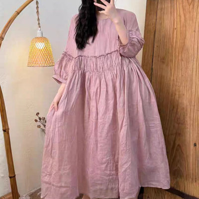 新款木耳边简约风双层苎麻连衣裙