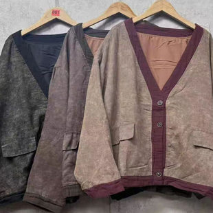 23276文艺复古V领撞色宽松百搭色织亚麻混色长袖 胖MM上衣 外套大码