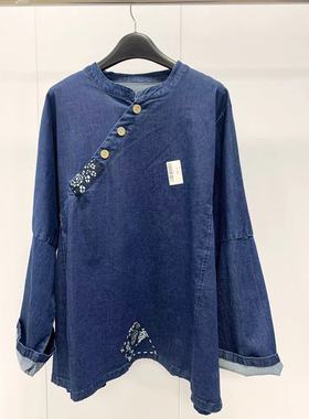 18178复古蓝印花贴布斜襟纽扣全棉天丝牛仔衬衫宽松长袖套头上衣