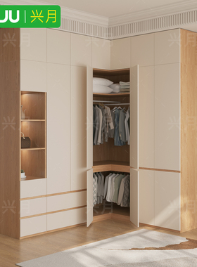 实木L型转角衣柜家用卧室 定制平开门现代简约90度拐角储物柜衣橱