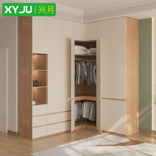 实木L型转角衣柜家用卧室 定制橡木现代简约90度拐角储物柜衣橱
