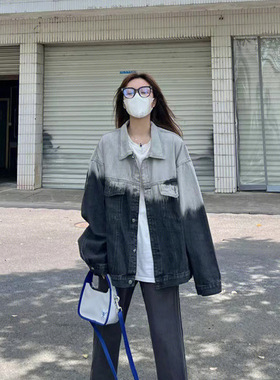 港版黑灰色扎染牛仔外套女ins原宿港风水洗复古做旧小众潮牌开衫