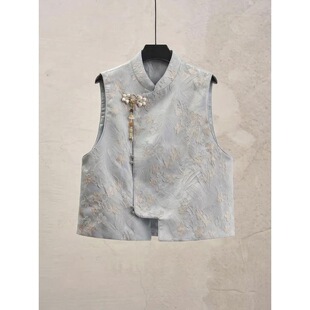 2026早春季 女无袖 背心上衣新中式 轻国风蓝色花朵提花减龄马甲 新款