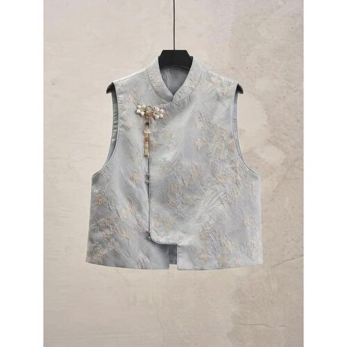 2026早春季新款女无袖背心上衣新中式轻国风蓝色花朵提花减龄马甲