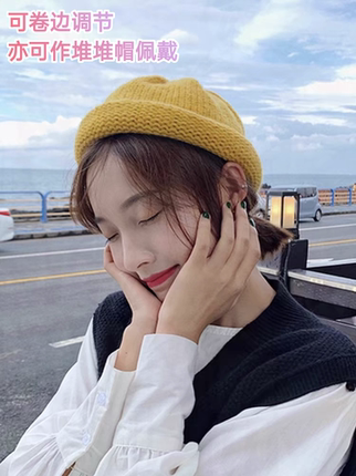 圆顶针织毛线帽子女瓜皮帽云南慵懒纯色甜美卷边可爱大头围帽子