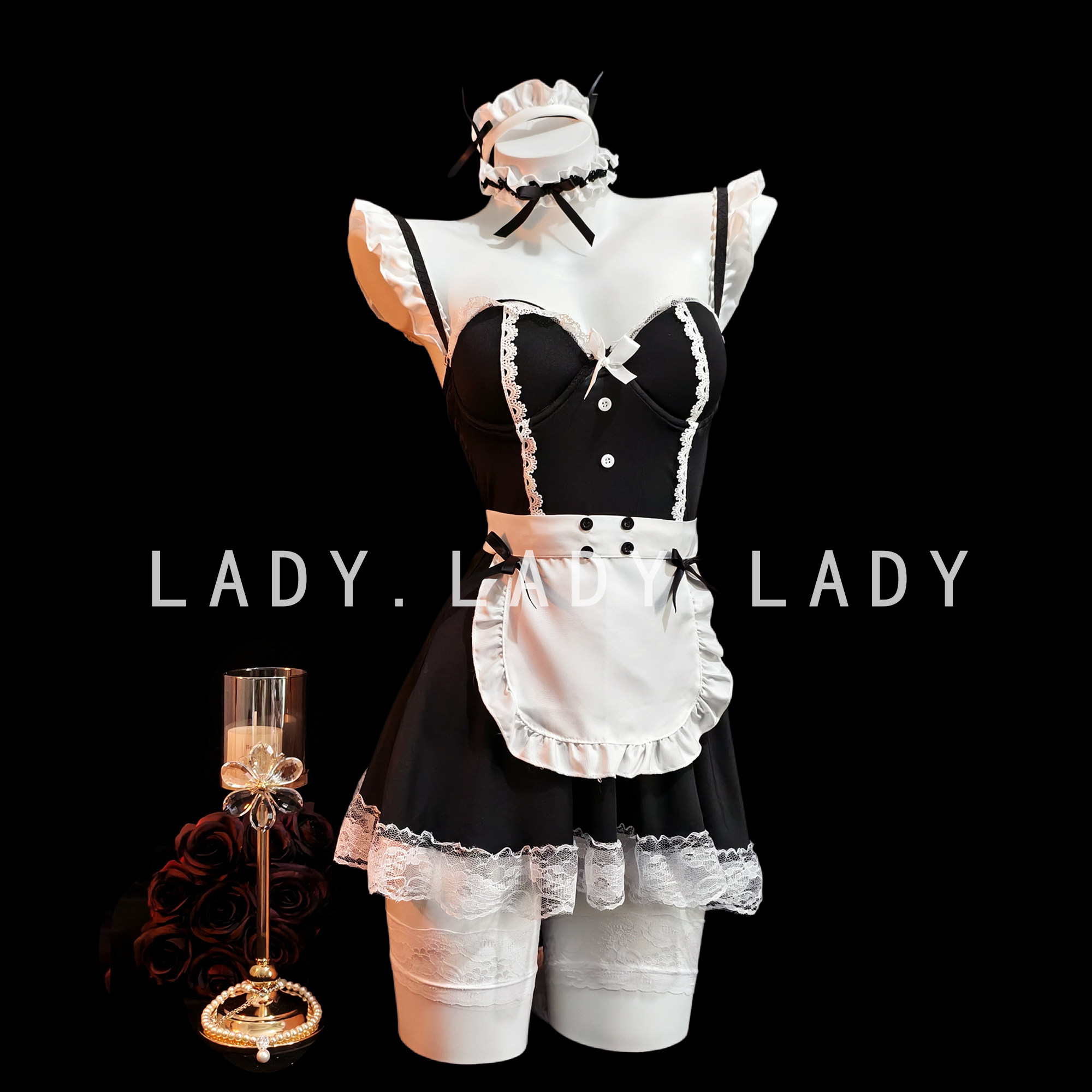 Lady性感睡裙带胸垫女仆cos装小胸制服套装蕾丝情调诱惑纯欲qqny