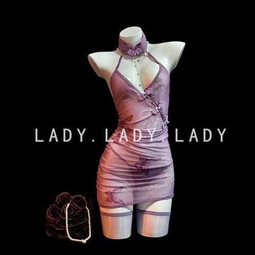 Lady紫色性感睡裙新中式古风网纱透视挂脖旗袍睡衣女内衣纯欲趣情