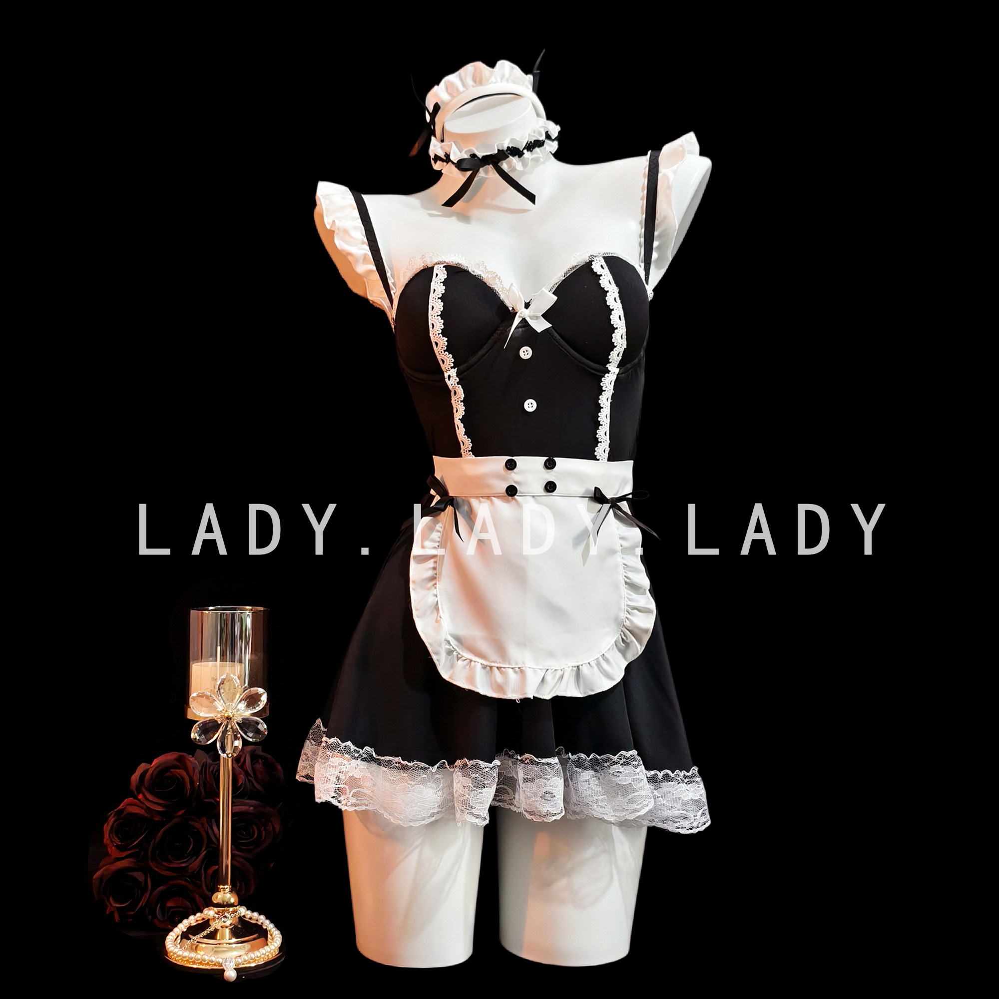 Lady纯欲风吊带性感蕾丝睡裙小胸带胸垫情调女仆cos制服套装qqny