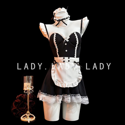 Lady纯欲风吊带性感蕾丝睡裙小胸带胸垫情调女仆cos制服套装qqny