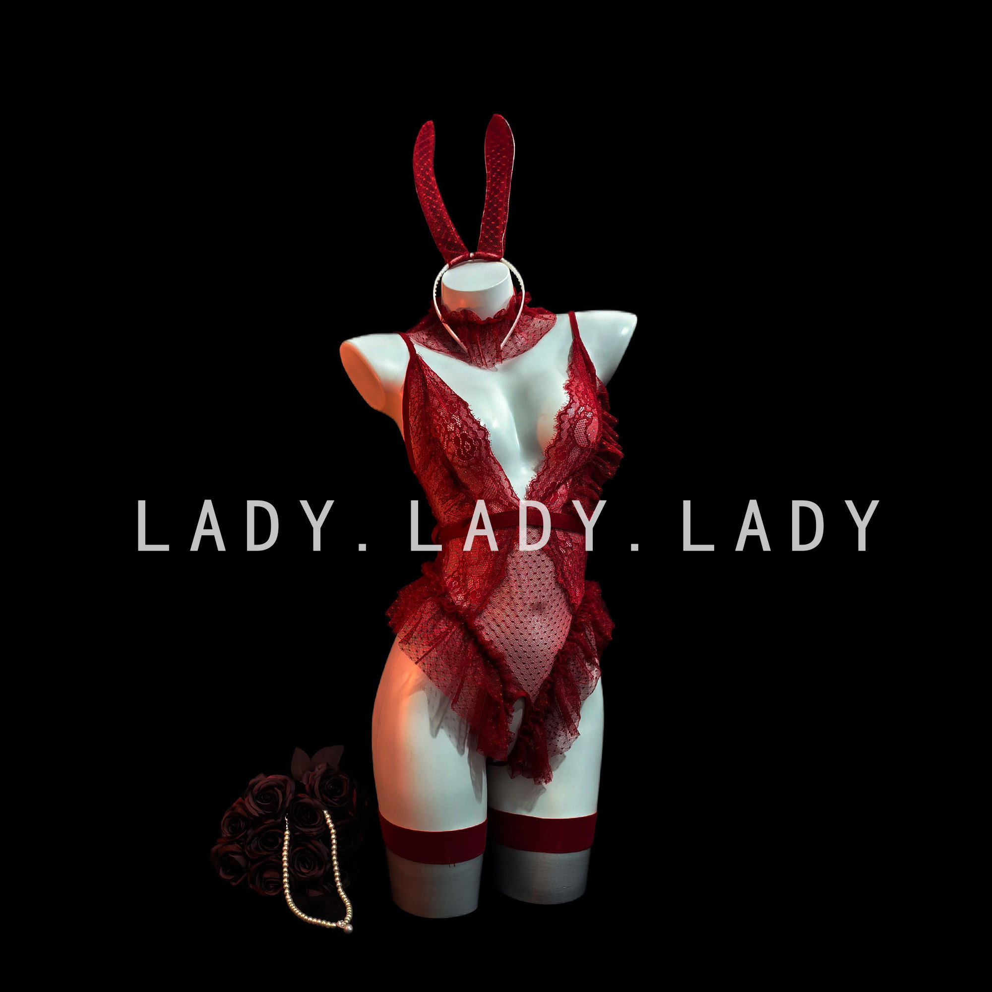 Lady红色兔女郎cos服装制服深V蕾丝透视连体衣情调性感内衣qqny