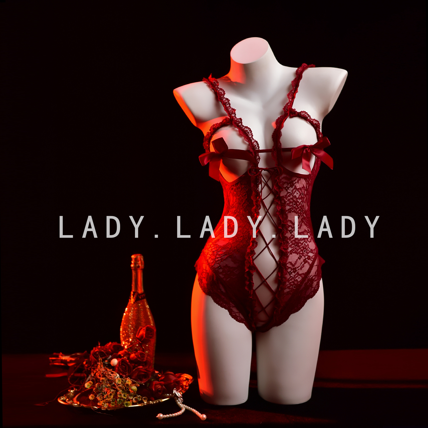 Lady性感睡衣镂空红色氛围感蝴蝶结内衣情调纯欲风吊带蕾丝qqny