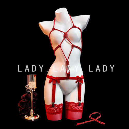 Lady红色约会束缚绳衣捆绑连体制服免脱性感绑带镂空开档道具内衣