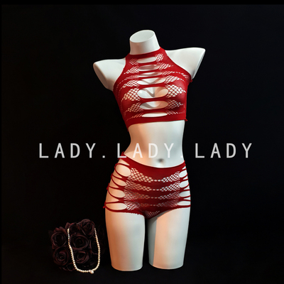 Lady性感内衣分体式红色镂空网衣纯欲情侣约会内搭套装qqny趣情女