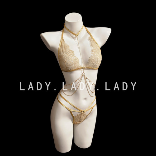 Lady内衣性感小胸蕾丝垂链纯欲三点式套装女胸罩情趣qqny趣情诱惑