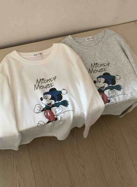 韩国25年秋冬款 纯棉薄绒女士打底衫米奇圆领长袖女生T恤卫衣内搭