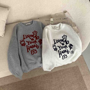 26年春款东大门小个子女生短款卫衣毛巾绣小花宽松上衣百搭韩女生