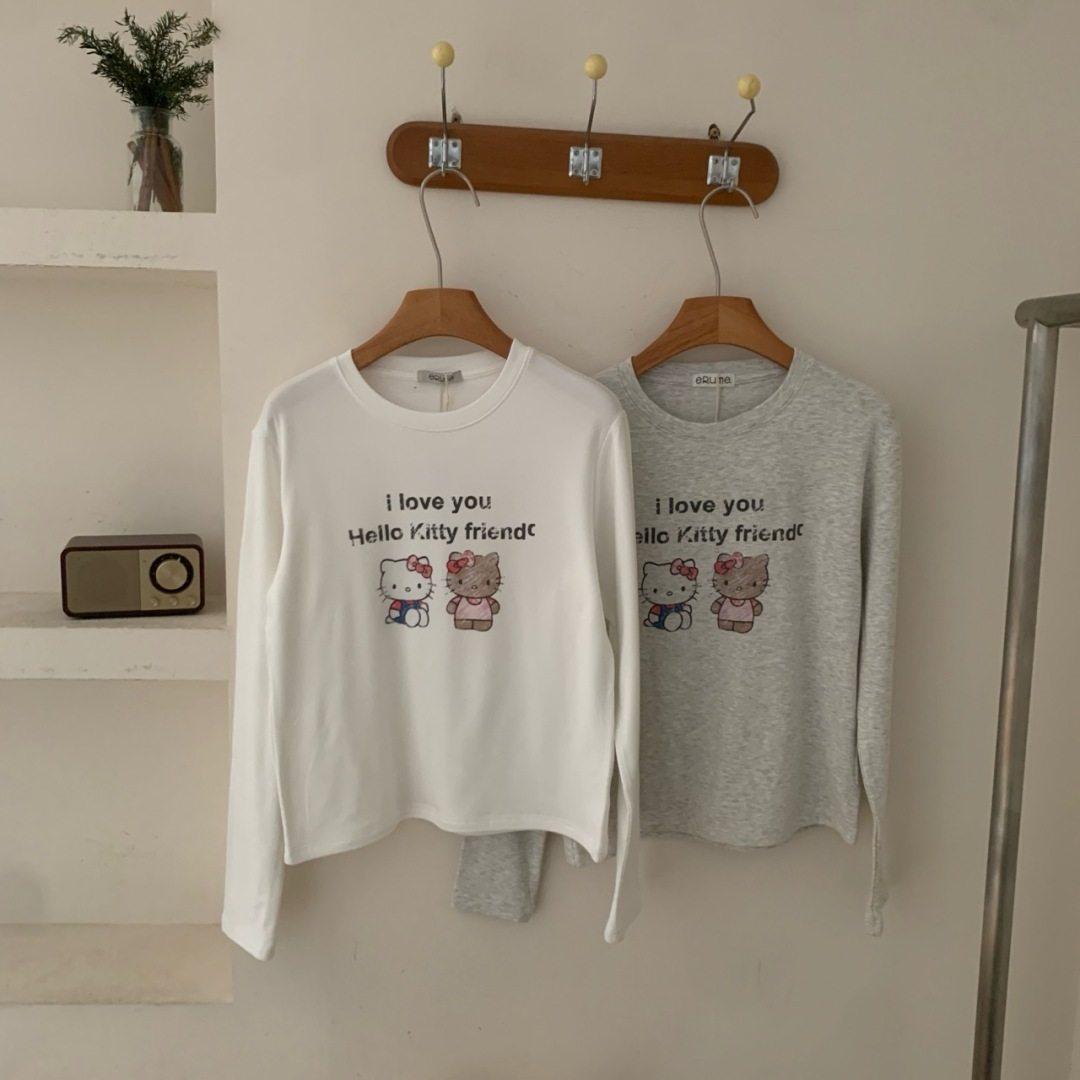 韩国25年秋冬百搭纯棉薄绒女生长袖打底衫圆领T恤女士叠穿KT猫白t