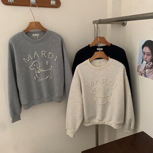 东大门25冬 珍珠小狗女士宽松韩版加绒卫衣小个子上衣柔软宝宝绒