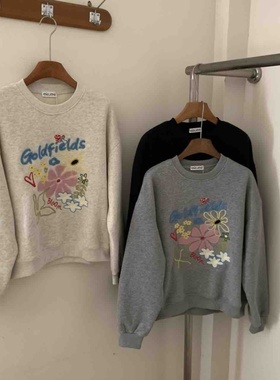 韩国工厂定制baby绒女生加绒卫衣刺绣花朵小个子女士宽松长袖上衣