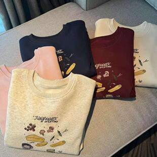 韩系24年冬款 可爱印花加绒短款女生卫衣小个子宽松上衣长袖T恤