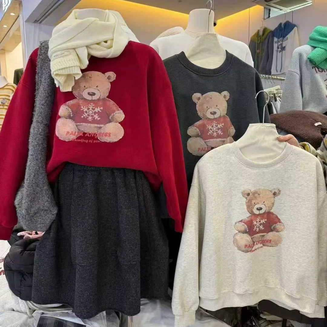 韩系25年冬款 小版卡通雪花熊女士宽松加绒卫衣小个子女生长袖t恤