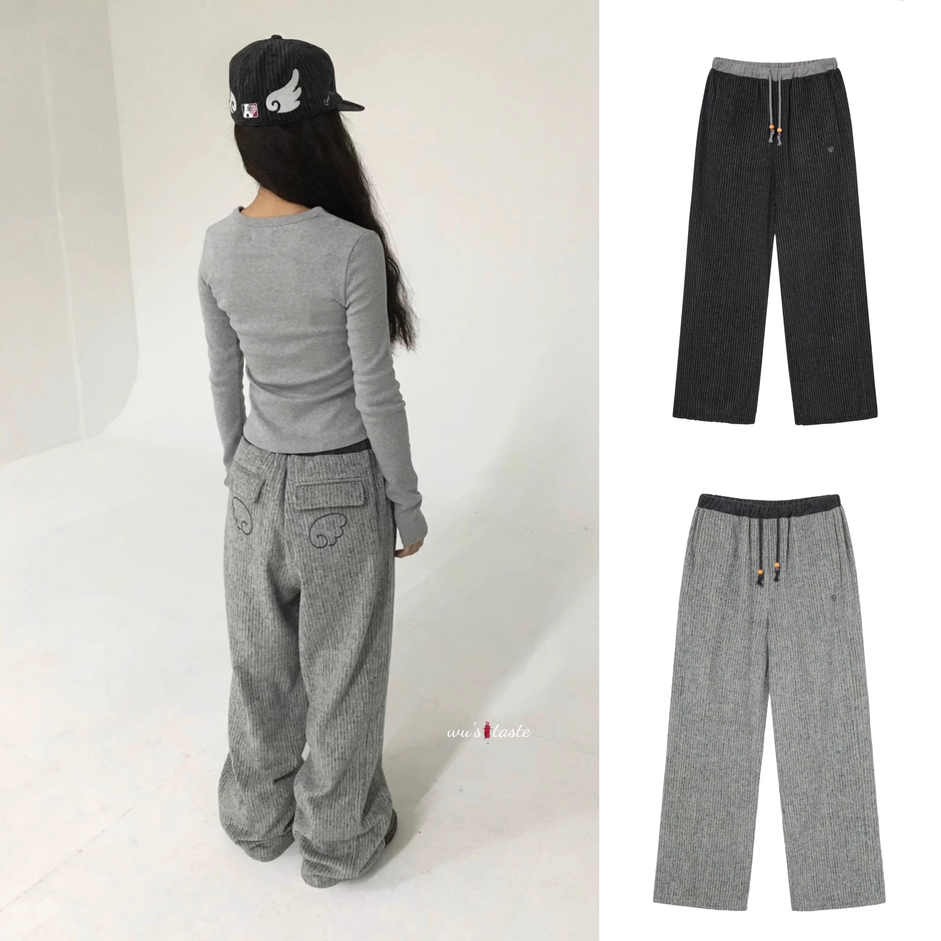 aeae翅膀印花条纹少女宽松休闲裤