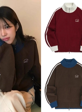 韩国oddstudio刺绣小标拼接撞色条纹针织开衫外套女上衣ins韩风潮