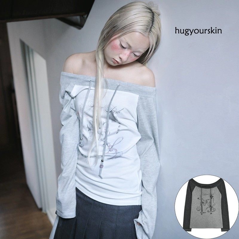 韩系手绘印花露肩上衣25冬韩国hugyourskin抽绳撞色拼接长袖T恤女,女装/女士精品,T恤,淘宝优惠券,粉丝福利购,淘宝优惠卷