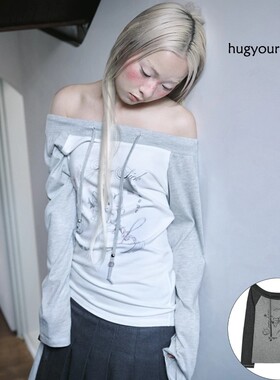 韩系手绘印花露肩上衣25冬韩国hugyourskin抽绳撞色拼接长袖T恤女