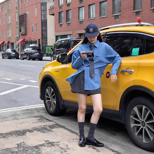 25春季新款韩国潮牌grove BLAINE系扣韩版条纹长袖衬衫衬衣女上衣