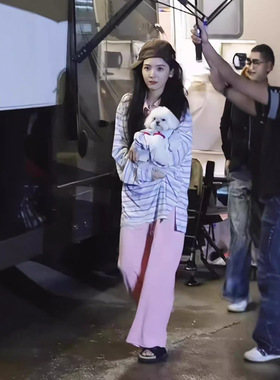 韩国潮牌minjiena章若楠同款拼色撞色polo领条纹长袖t恤上衣女ins