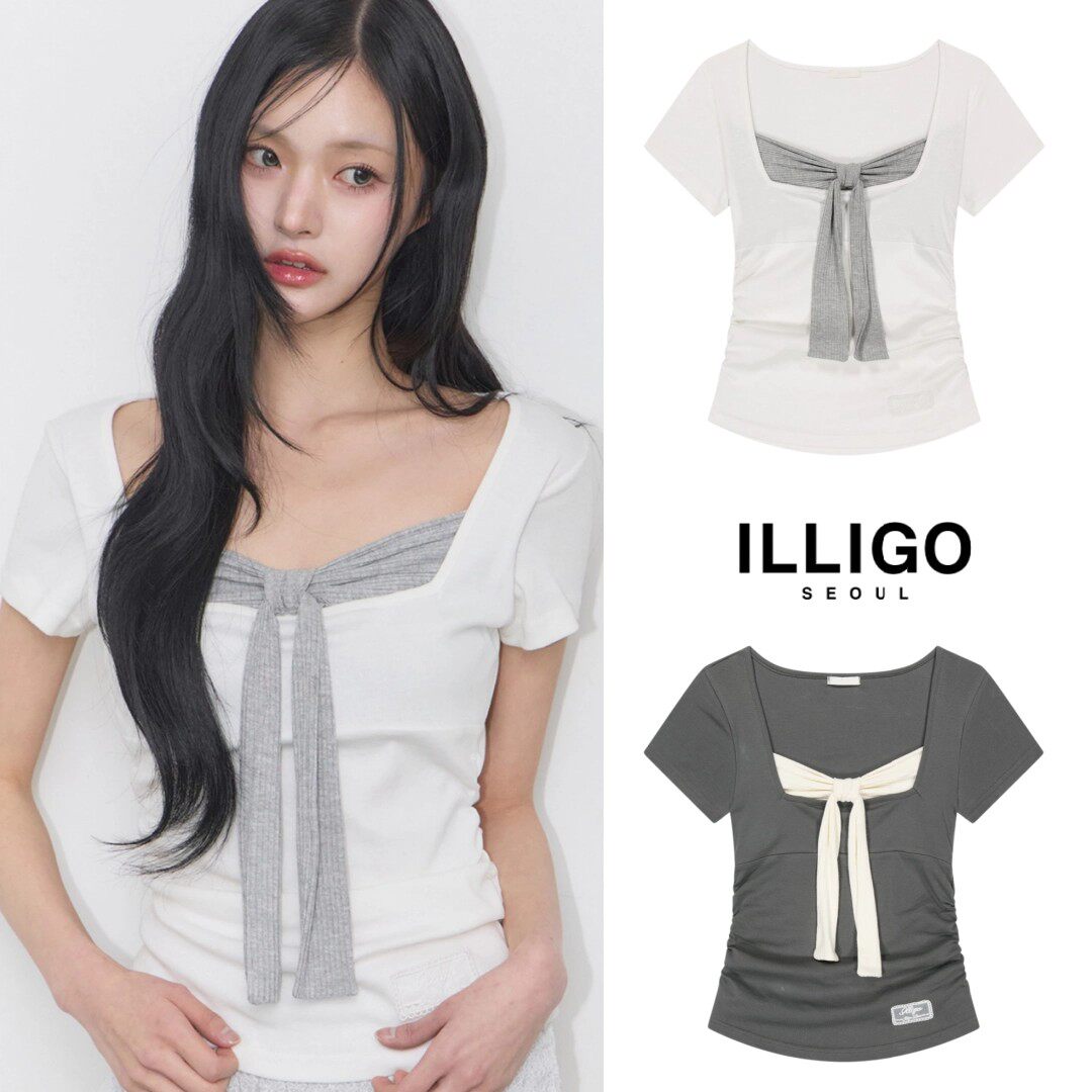 韩国代购小众设计illigo多层缎带领带修身蝴蝶结甜美风短袖T恤女