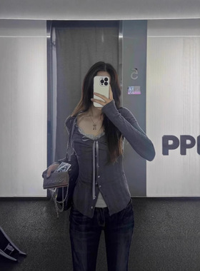 韩国小众东大门潮牌newalrin一字领绑带针织长袖上衣外套女款