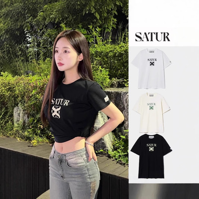 韩国潮牌satur经典字母简约印花logo圆领韩版短袖t恤男女同款上衣