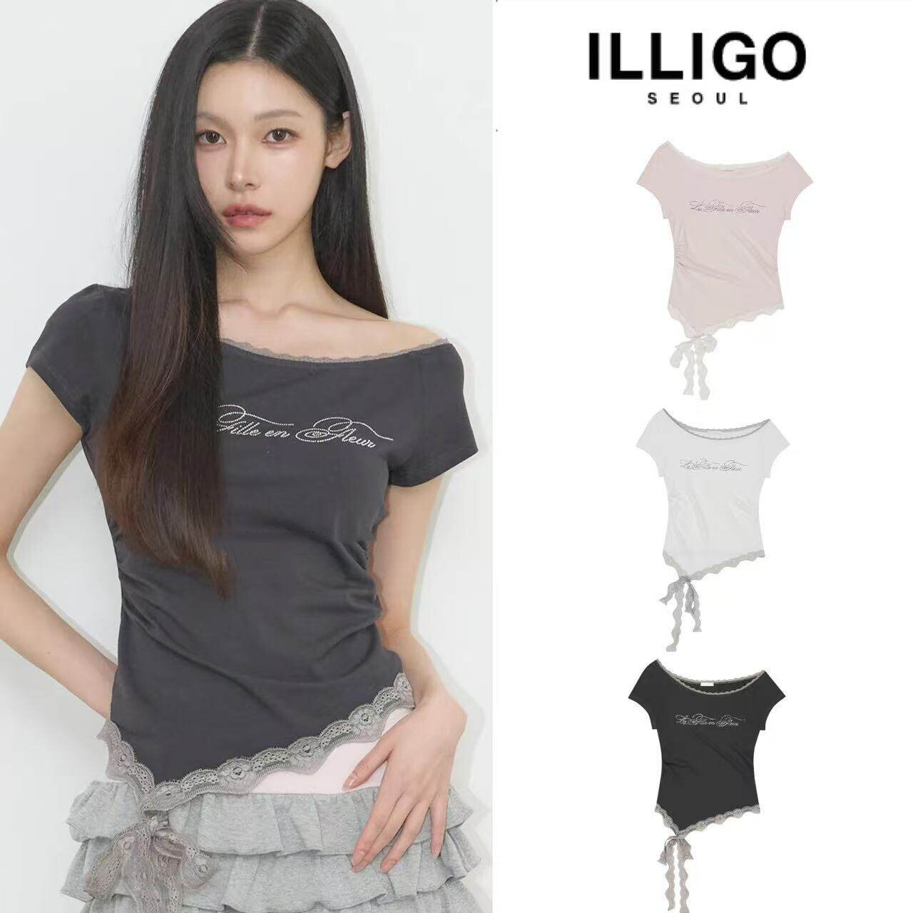 韩国代购illigo蕾丝边斜肩字母烫钻蕾丝不规则修身短袖T恤女上衣图片