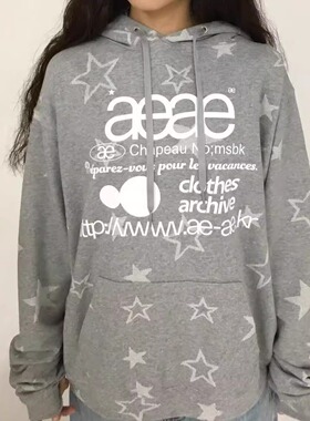 现货韩国AEAE满印星星Y2K字母连帽宽松卫衣帽衫韩版男女上衣潮流
