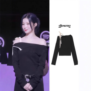 长袖 修身 T恤 不对称露肩芭蕾系带短款 韩国glowny潮牌ASA并杏纱同款