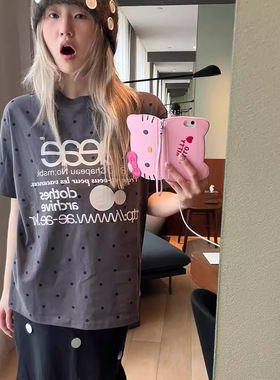 韩国小众设计师潮牌aeae韩版logo印花字母波点短袖t恤女上衣宽松