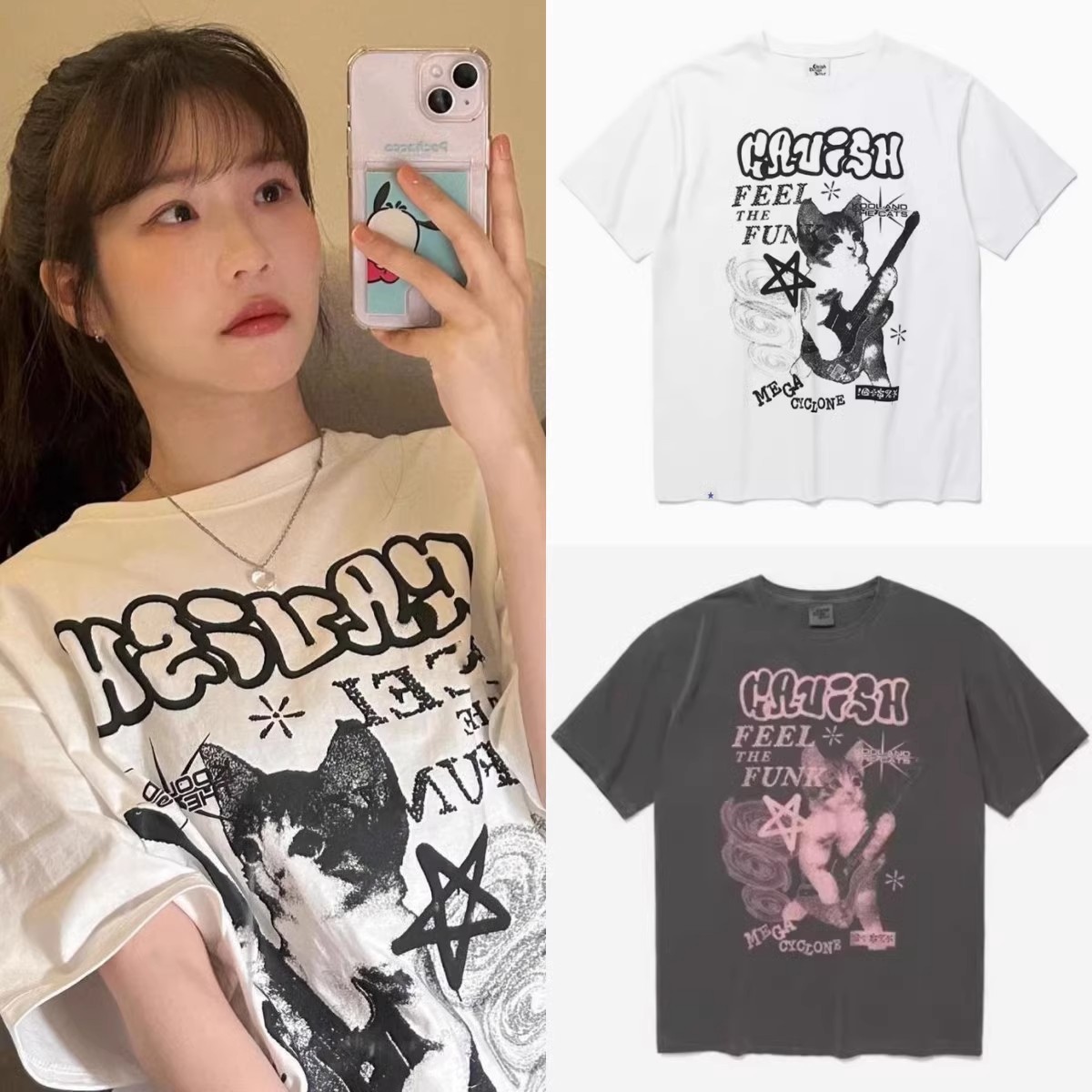 现货特价俞定延 金道英同款韩国cavish猫咪吉他短袖T恤男女上衣潮