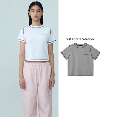 25春韩国rest and recreation韩版明线字母印花短款修身短袖t恤
