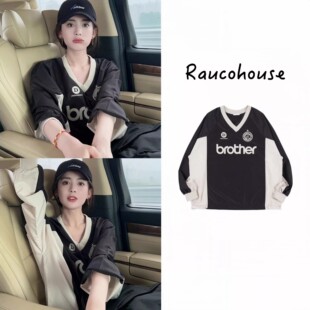 现货!古力娜扎同款Raucohouse韩国字母印花尼龙宽松V领球衣卫衣女