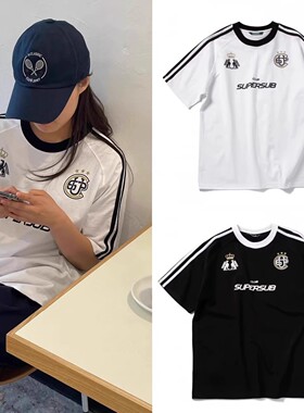 现货韩国leehan 金桐儇同款supersub复古杠条美式徽章短袖T恤男女