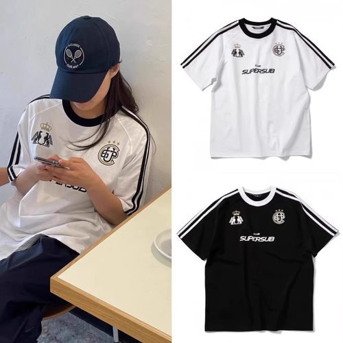 现货韩国leehan 金桐儇同款supersub复古杠条美式徽章短袖T恤男女