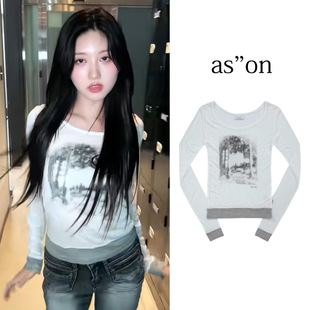 金秋天同款 ason韩国潮牌撞色拼接短款修身韩版微透长袖T恤女上衣