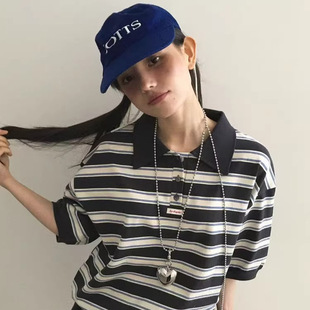 韩国东大门潮牌by CHAPTER 翻领polo领撞色条纹宽松短袖T恤