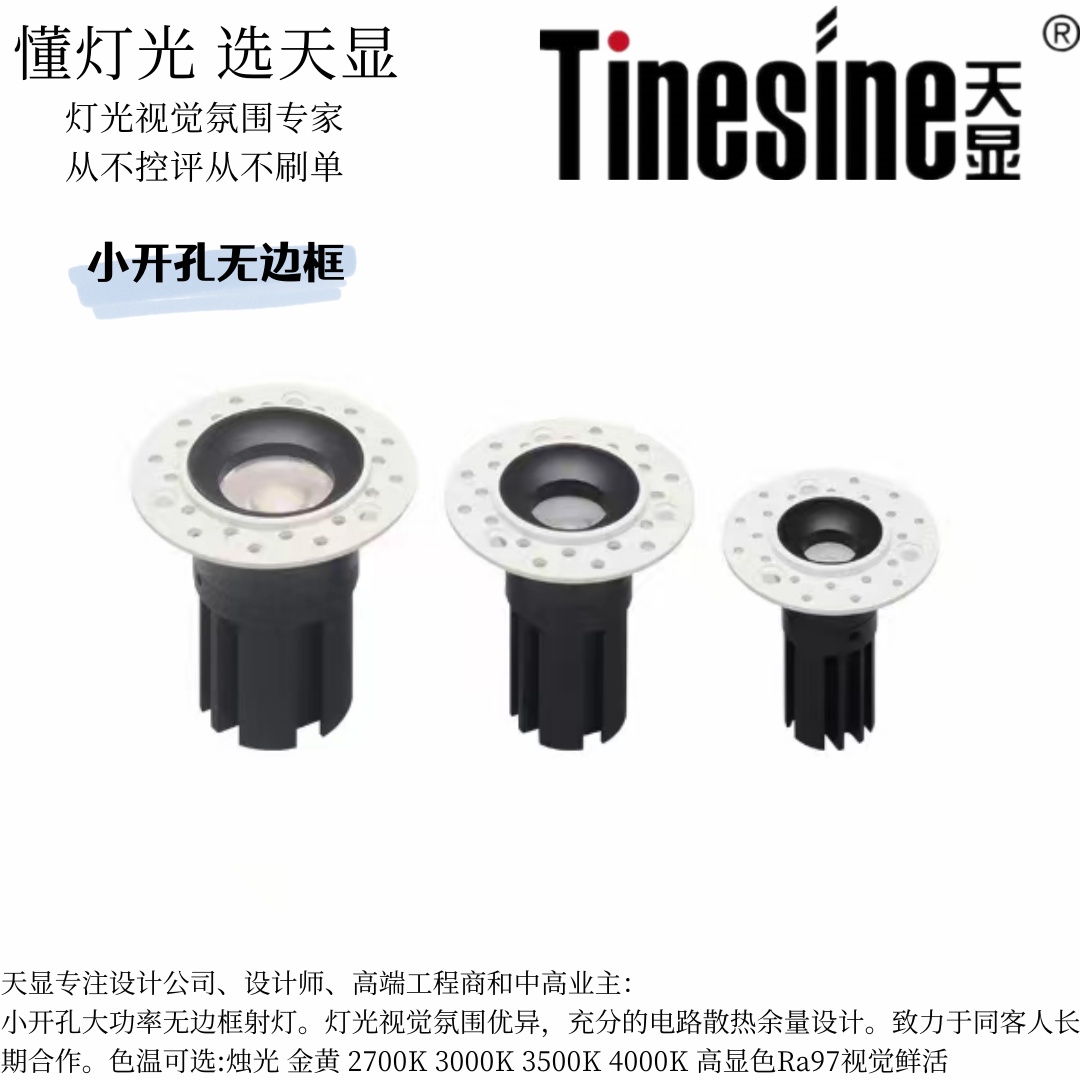 天显Ra97小开孔大功率LED射灯可调方向色温可选无边框35mm45mm55